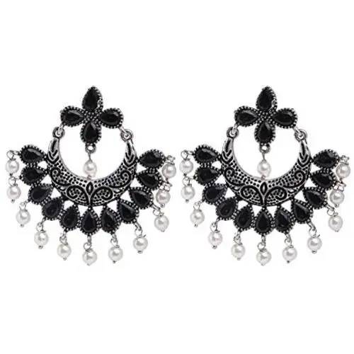 Efulgenz Boho Vintage Antique Ethnic Gypsy Tribal Indian Oxidized Silver Pearl Drop Floral Chandbali Dangle Earrings Jewelry