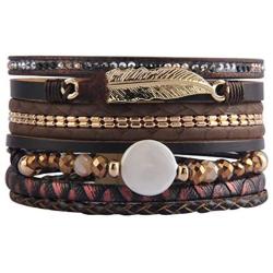 AZORA Leather Wrap Bracelet for Women Multi Strands Feather Cuff Bracelets with Magnetic Clasp Gift for Women Girls