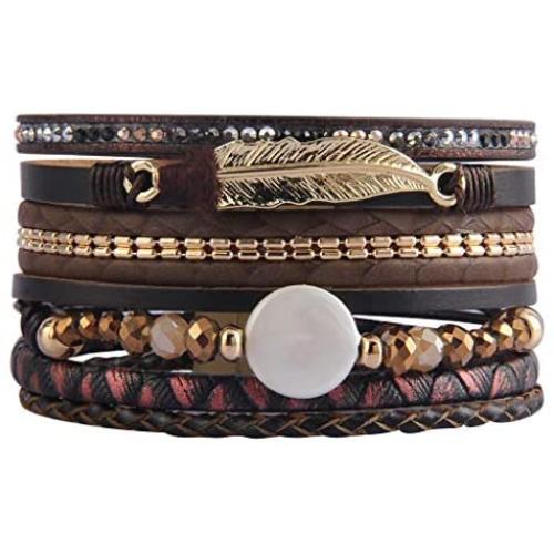 AZORA Leather Wrap Bracelet for Women Multi Strands Feather Cuff Bracelets with Magnetic Clasp Gift for Women Girls