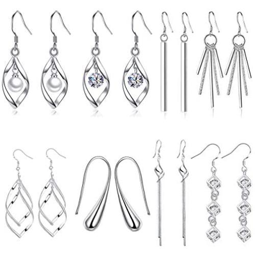 WAINIS 8 Pairs Classic Dangle Drop Earrings for Women Simple Double Twist Long Thread Fashion Silver Plated Earring Jewelry