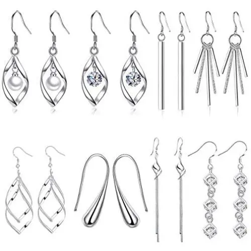 WAINIS 8 Pairs Classic Dangle Drop Earrings for Women Simple Double Twist Long Thread Fashion Silver Plated Earring Jewelry WAINIS 8 Pairs Classic Dangle Drop Earrings for Women Simple Double Twist Long Thread Fashion Silver Plated Earring Jewelry