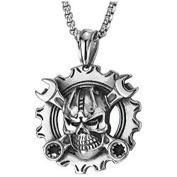 COOLSTEELANDBEYOND Mens Steel Vintage Mechanic Wrench Gear Wheel Skull Pendant Necklace 30 in Wheat Chain Biker Gothic