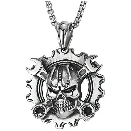 COOLSTEELANDBEYOND Mens Steel Vintage Mechanic Wrench Gear Wheel Skull Pendant Necklace 30 in Wheat Chain Biker Gothic COOLSTEELANDBEYOND Mens Steel Vintage Mechanic Wrench Gear Wheel Skull Pendant Necklace 30 in Wheat Chain Biker Gothic