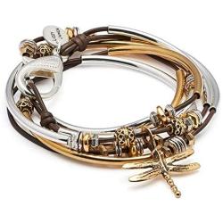 Lizzy James Misty Silver and Gold Charm Bracelet in Gloss Chocolate Leather w Gold Dragonfly Charm