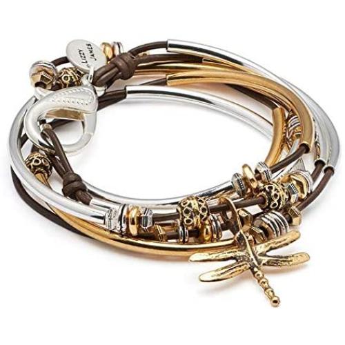 Lizzy James Misty Silver and Gold Charm Bracelet in Gloss Chocolate Leather w Gold Dragonfly Charm