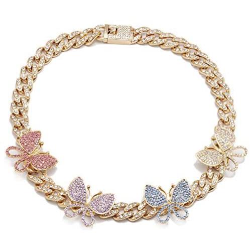 Ingemark Bling Miami Butterfly Cuban Chain Necklace Iced Out Cuban Choker Necklace for Women Girls Hip Hop Rapper Jewelry