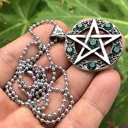 Wicca Jewelry Celtic Pentagram Pentacle Star Green Emerald Crystal Gem Wiccan Pagan Witch Magic Healing Protection Amulet Pewter Mens Womens Pendant Necklace Charm for Men Women Silver Ball Chain