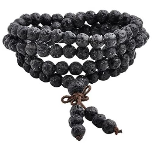 Jovivi 6mm 8mm Natural Lava Rock Stone Healing Gemstone 108 Prayer Beads Tibetan Mala Bracelet Necklace