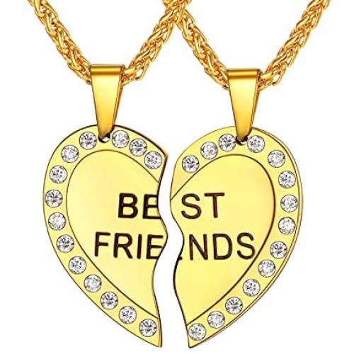 U7 Best Friend Necklace for 2 BFF Friendship Jewelry Stainless Steel Heart Shape Pendant Custom Engrave Name/Date/Text Couple Matching Set for Men Women, Chain 22''+2'' Extender