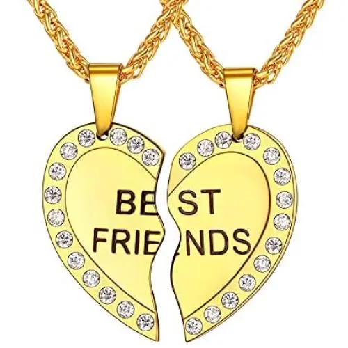 U7 Best Friend Necklace for 2 BFF Friendship Jewelry Stainless Steel Heart Shape Pendant Custom Engrave Name/Date/Text Couple Matching Set for Men Women, Chain 22''+2'' Extender