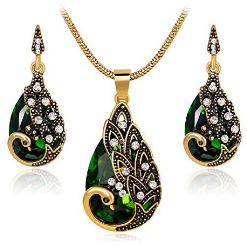 Ezing Women Gift Vintage Gold Plated Green Peacock Jewelry Set Pendant Necklace Earrings
