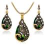 Ezing Women Gift Vintage Gold Plated Green Peacock Jewelry Set Pendant Necklace Earrings