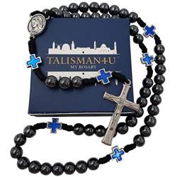 TALISMAN4U Black Hematite Beads Catholic Rosary Divine Mercy Medal Blue Cross Father Bead Religious Jewelry Gift Box