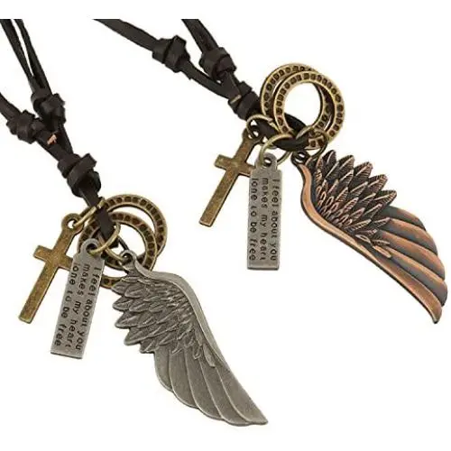 Injoy Jewelry Leather Pendant Necklace Vintage Angel Wing Cross Pendant Leather Cord Necklace Adjustable