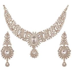 Touchstone Indian Bollywood Intricately Crafted Diamond Look Rhinestone Crystal Colorful Wedding Designer Jewelry Necklace Set in Gold and Silver Tone for Women.
