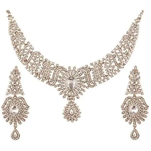 Touchstone Indian Bollywood Intricately Crafted Diamond Look Rhinestone Crystal Colorful Wedding Designer Jewelry Necklace Set in Gold and Silver Tone for Women.