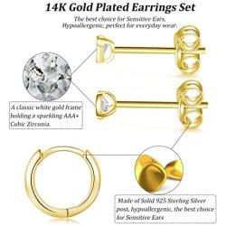 Sterling Silver Earrings Set for Women, 4 Pairs Small Silver Huggie Hinged Hoop Earrings Tiny Cubic Zirconia Heart Shaped Stud Earrings Round CZ Stud Dainty Cartilage Sleeper Ear Jewelry for Men Girls