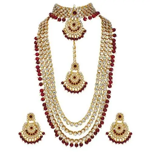 CROWN JEWEL Indian Bridal Wedding Kundan Choker 5 Pcs Pearl Jewelry Necklace Earrings Set for Women CROWN JEWEL Indian Bridal Wedding Kundan Choker 5 Pcs Pearl Jewelry Necklace Earrings Set for Women