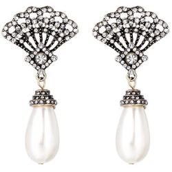 BriLove Womens Vintage Inspired Crystal Simulated Pearl Art Deco Fan Chandelier Dangle Earrings Clear Antique-Gold-Tone