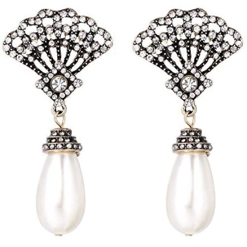 BriLove Womens Vintage Inspired Crystal Simulated Pearl Art Deco Fan Chandelier Dangle Earrings Clear Antique-Gold-Tone