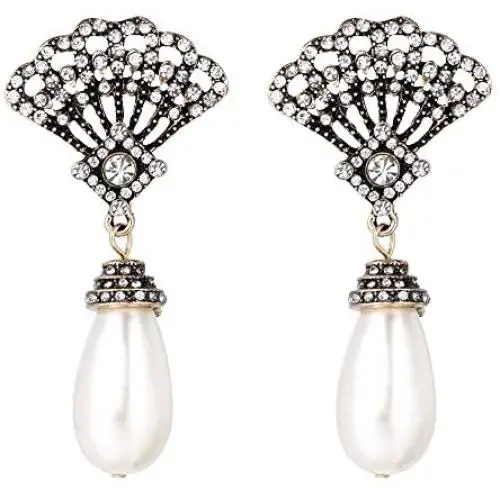 BriLove Womens Vintage Inspired Crystal Simulated Pearl Art Deco Fan Chandelier Dangle Earrings Clear Antique-Gold-Tone BriLove Womens Vintage Inspired Crystal Simulated Pearl Art Deco Fan Chandelier Dangle Earrings Clear Antique-Gold-Tone