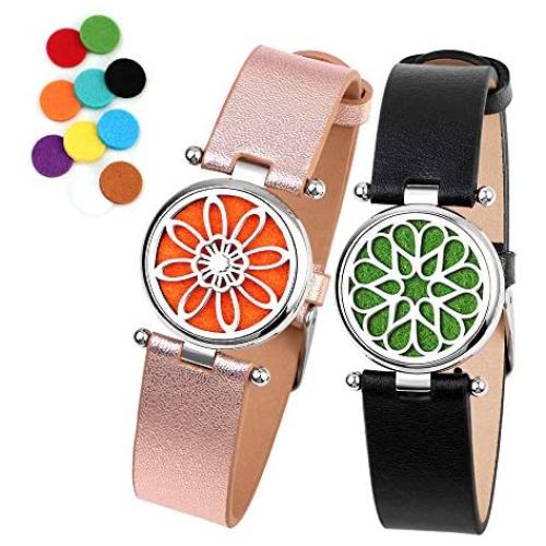 ttstar 2PCS Aromatherapy Essential Oil Diffuser Bracelet Adjustable Genuine Leather Wristband Bracelet with 20 Refill Pads Diffuser Bracelet Gift Set for Women and Girls