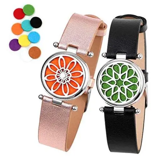 ttstar 2PCS Aromatherapy Essential Oil Diffuser Bracelet Adjustable Genuine Leather Wristband Bracelet with 20 Refill Pads Diffuser Bracelet Gift Set for Women and Girls