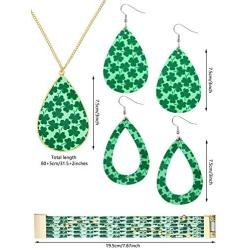 Yaomiao 4 Pieces St. Patricks Day Jewelry Set Shamrock Print Necklace Multi-Layer Bracelet and Faux Leather Dangle Earrings