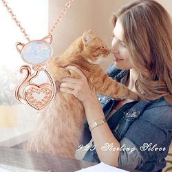 TRISHULA Rose Gold Cat Necklace,925 Sterling Silver Opal Cat Pendant Necklace Mothers Day Jewelry Gift for Women Girls (Gift Box Included)