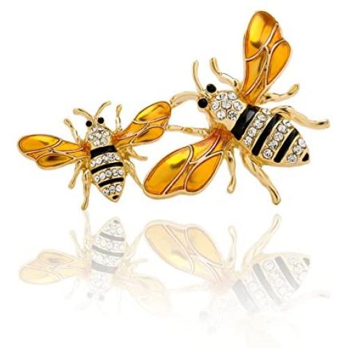 PANGRUI Exquisite Enamel Big and a Small Bumblebee Brooch Pin with Crystal Rhinestones