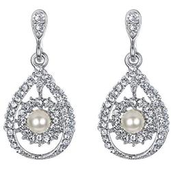 EVER FAITH Rhinestone Crystal Simulated Pearl Wedding Bride Teardrop Dangle Earrings Clear Silver-Tone