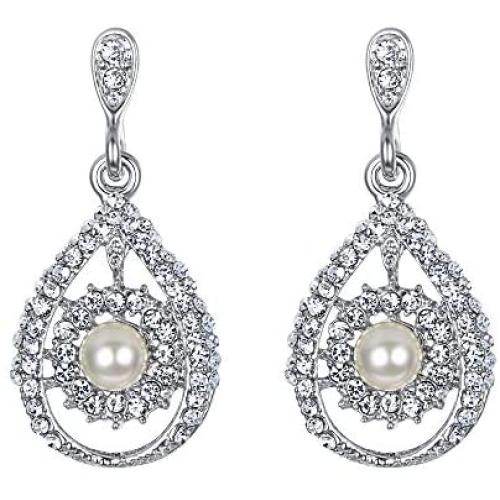 EVER FAITH Rhinestone Crystal Simulated Pearl Wedding Bride Teardrop Dangle Earrings Clear Silver-Tone
