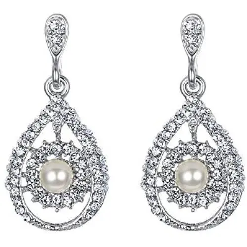 EVER FAITH Rhinestone Crystal Simulated Pearl Wedding Bride Teardrop Dangle Earrings Clear Silver-Tone EVER FAITH Rhinestone Crystal Simulated Pearl Wedding Bride Teardrop Dangle Earrings Clear Silver-Tone