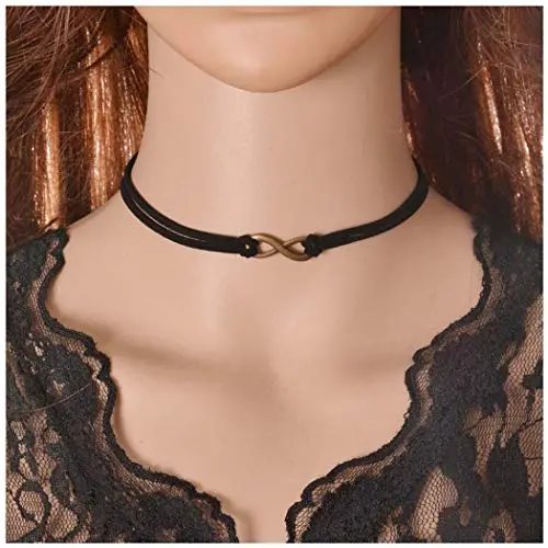 Olbye Infinity Necklace Choker Black Leather Charm Necklace Jewelry for Women and Girls Simple Minimal Necklace (Infinity Charm)