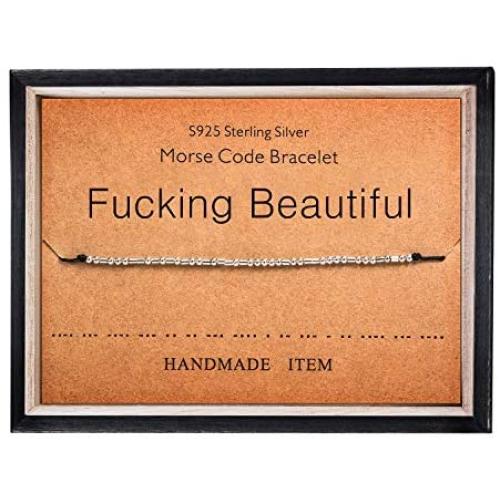 Fucking Beautiful Bracelet Morse Code Jewelry Gift for Her 925 Sterling Silver Bead on Silk Cord Bracelet Inspirational Jewelry for Women