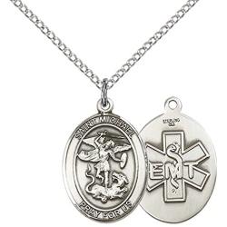 F A Dumont Sterling Silver St. Michael/EMT Pendant with 18'' Stainless Steel Lite Curb Chain. Patron Saint of Police Officers/EMTs