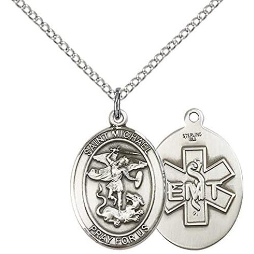 F A Dumont Sterling Silver St. Michael/EMT Pendant with 18'' Stainless Steel Lite Curb Chain. Patron Saint of Police Officers/EMTs