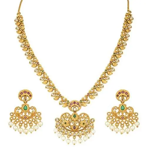 Aheli South Indian Traditional CZ Designer Necklace Earrings Bollywood Ethnic Wedding Jewelry Set for Women Girls Aheli South Indian Traditional CZ Designer Necklace Earrings Bollywood Ethnic Wedding Jewelry Set for Women Girls