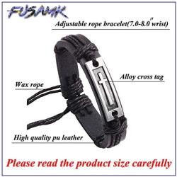 Fusamk Fashion Religious Cross Tag Bangle Leather Wristband Rope Link Bracelet