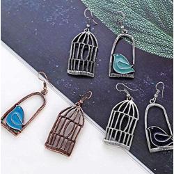 YINLIN Fashion Antique Lovely Asymmetric Birdcage Dangle Earring Enamel Bird In Cage Animal Jewelry