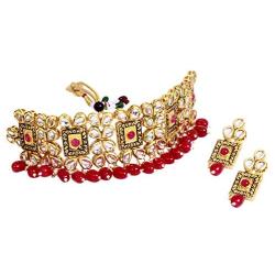 SANARA Women Wedding Style Ruby Bridal Necklace Earring Set Indian Bollywood Choker