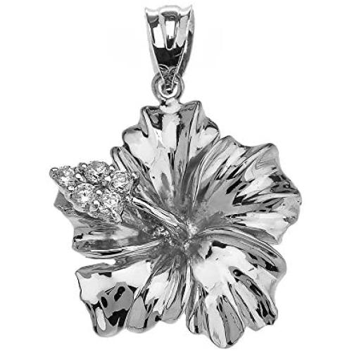 Flower Collection Sterling Silver Caribbean Hibiscus (Malvaceae) Cubic Zirconia Pendant