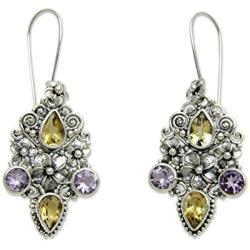 NOVICA Citrine Amethyst .925 Sterling Silver Floral Dangle Hook Earrings, Secret Garden