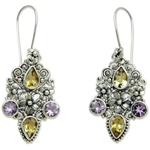 NOVICA Citrine Amethyst .925 Sterling Silver Floral Dangle Hook Earrings, Secret Garden NOVICA Citrine Amethyst .925 Sterling Silver Floral Dangle Hook Earrings, Secret Garden