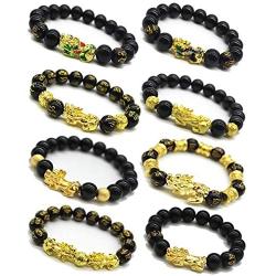 Jewdreamer 8 PCS Feng Shui Pi Xiu Bracelet for Men Women Black Obsidian Bracelet Good Luck Pi Yao Attract Wealth Jewelry Adjustable Elastic