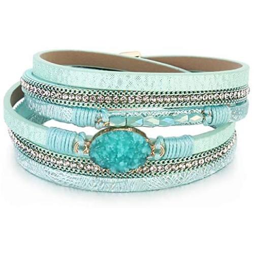 FANCY SHINY Leather Wrap Bracelet Boho Cuff Bracelets Crystal Bead Bracelet with Magnetic Clasp Jewelry Gifts for Women Teen Girls