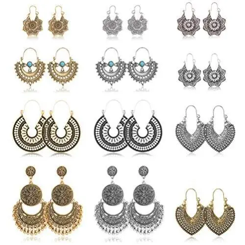 Florideco 12 Pair Vintage Bohemian Drop Dangle Earring Mandala Flower Gypsy Earring Hollow Water Drop Heart Shaped Boho Earring for Women Florideco 12 Pair Vintage Bohemian Drop Dangle Earring Mandala Flower Gypsy Earring Hollow Water Drop Heart Shaped Boho Earring for Women