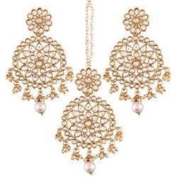 Aheli Ethnic Faux Kundan Drop Pearl Beads Dangle Earrings Maang Tikka Set Bollyood Wedding Party Fashion Jewelry for Women