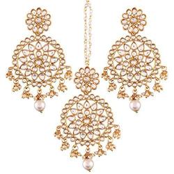 Aheli Ethnic Faux Kundan Drop Pearl Beads Dangle Earrings Maang Tikka Set Bollyood Wedding Party Fashion Jewelry for Women