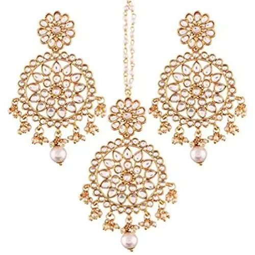 Aheli Ethnic Faux Kundan Drop Pearl Beads Dangle Earrings Maang Tikka Set Bollyood Wedding Party Fashion Jewelry for Women